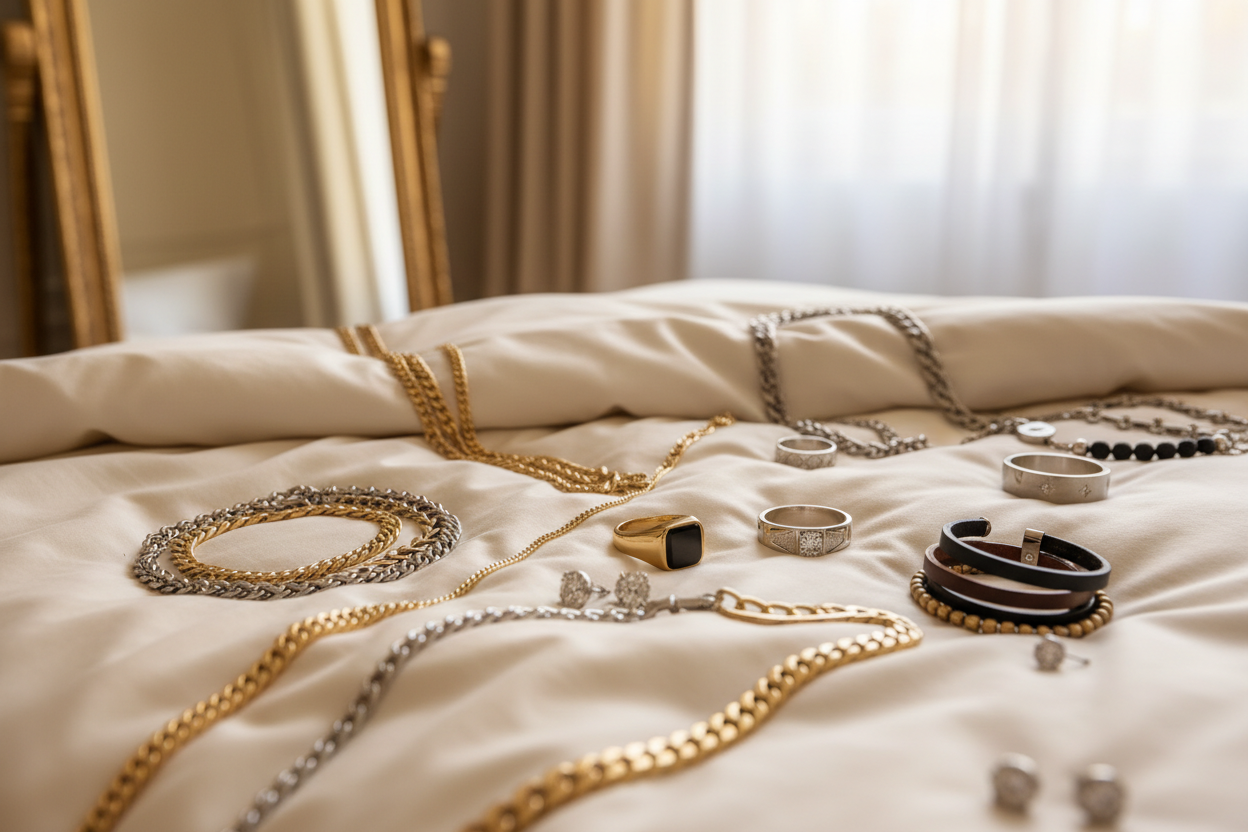 2026 collection of men’s diamond rings and gold chains featuring modern styles, luxury designs, and trending jewelry combinations for men