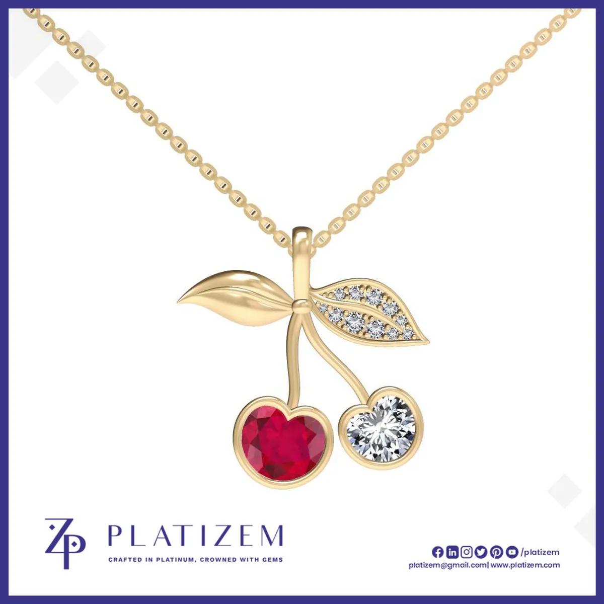 Ruby Diamond Cherry Pendant Necklace with Pave Leaf Detailing