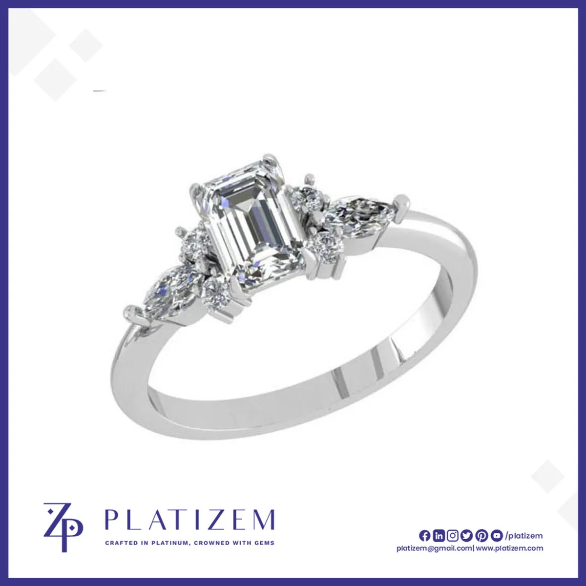 Emerald Cut Diamond Ring with Marquise and Round Cluster Side Stones