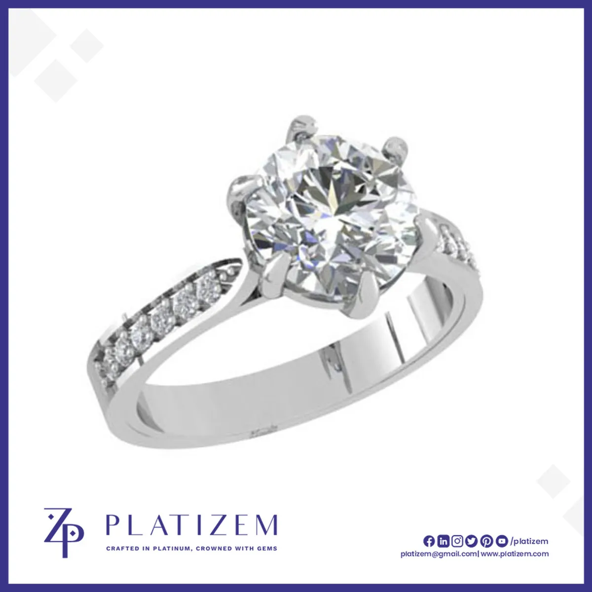 Round Cut Diamond Solitaire Ring Held by a Six Prong Cathedral Setting