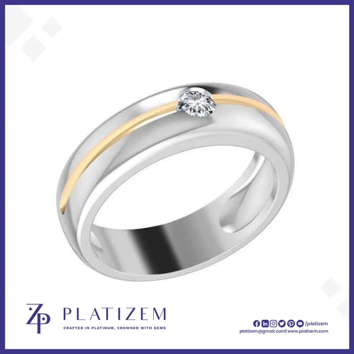 Mens Two Tone Diamond Wedding Band with Gold Inlay