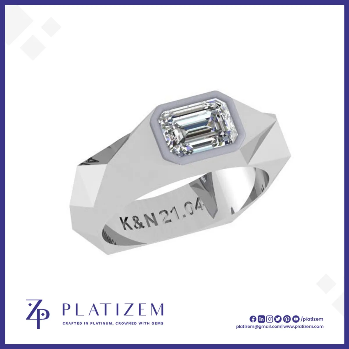 Emerald Cut Diamond Ring Set Within a Bold Faceted Signet-Style Band