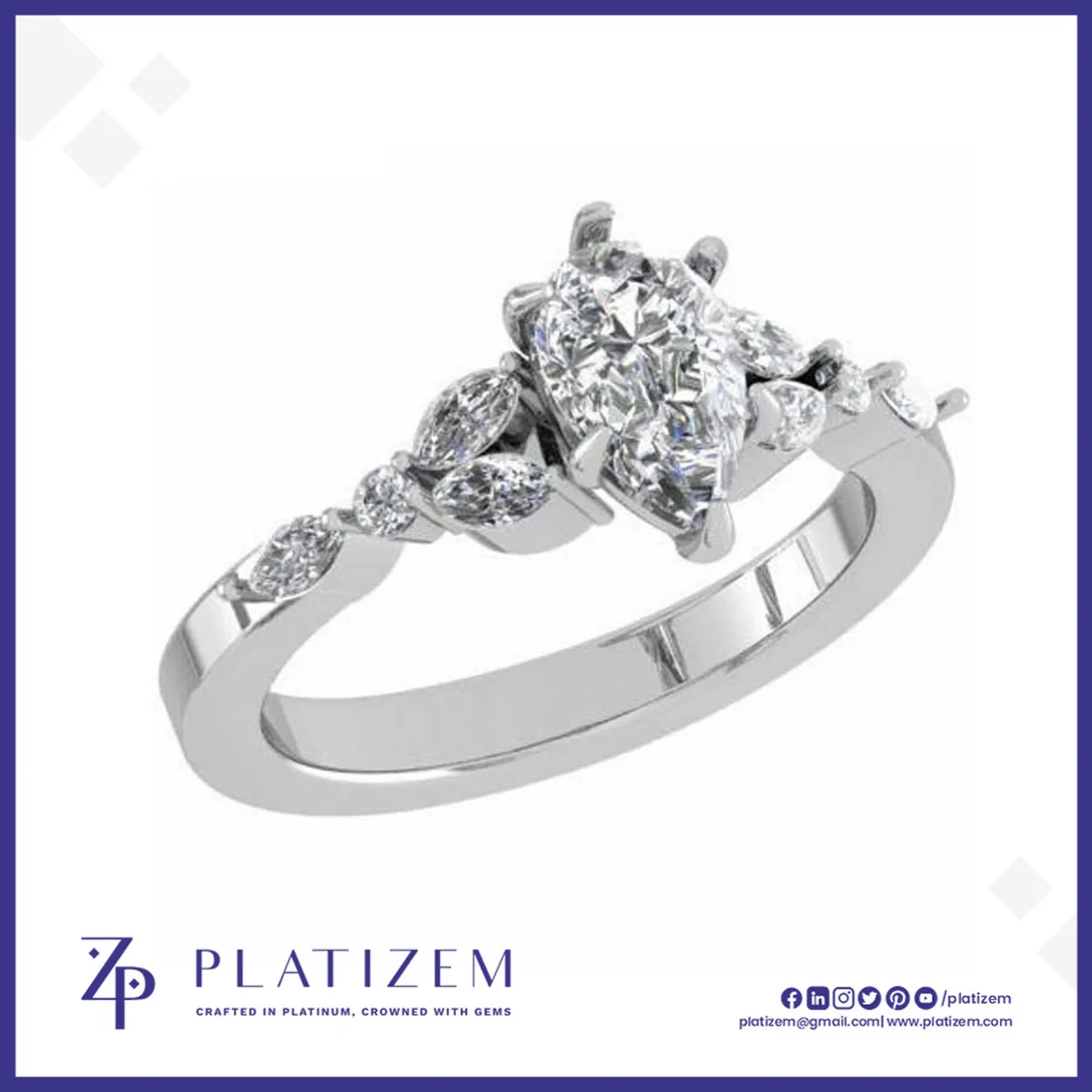Round Diamond Ring with Marquise Cluster Shoulders for Women