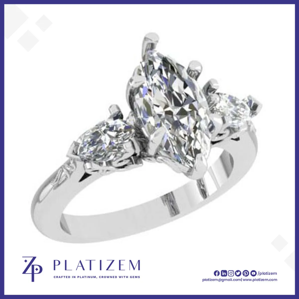 Marquise Diamond Three Stone Ring with Filigree for Women