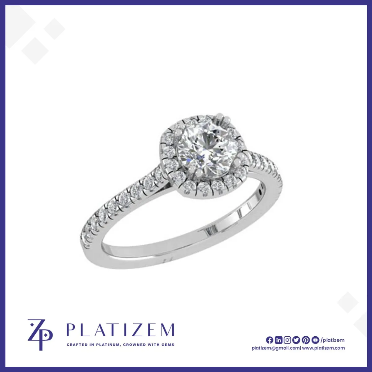 Round Cut Diamond Halo Ring with a Sparkling Pave Diamond Shank