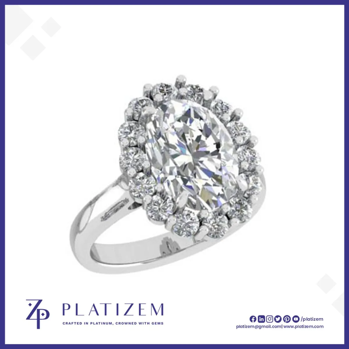Oval Cut Diamond Halo Ring Encircled by Sparkling Round Accent Stones
