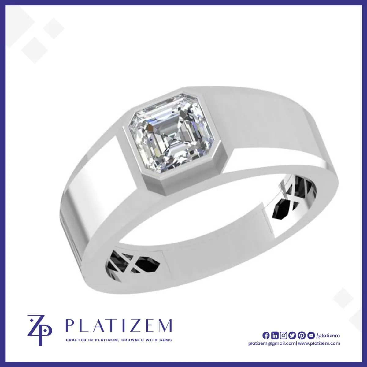 Asscher Cut Diamond Ring in a Bezel Setting on a Wide Polished Band