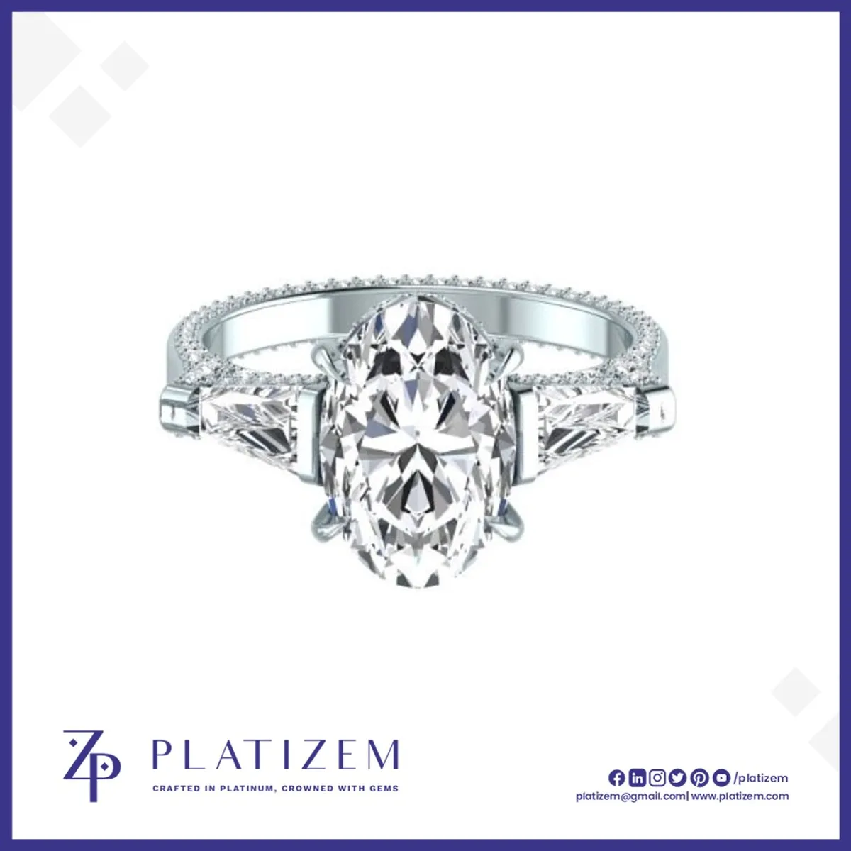 Oval Center Diamond Ring Flanked by Tapered Baguettes