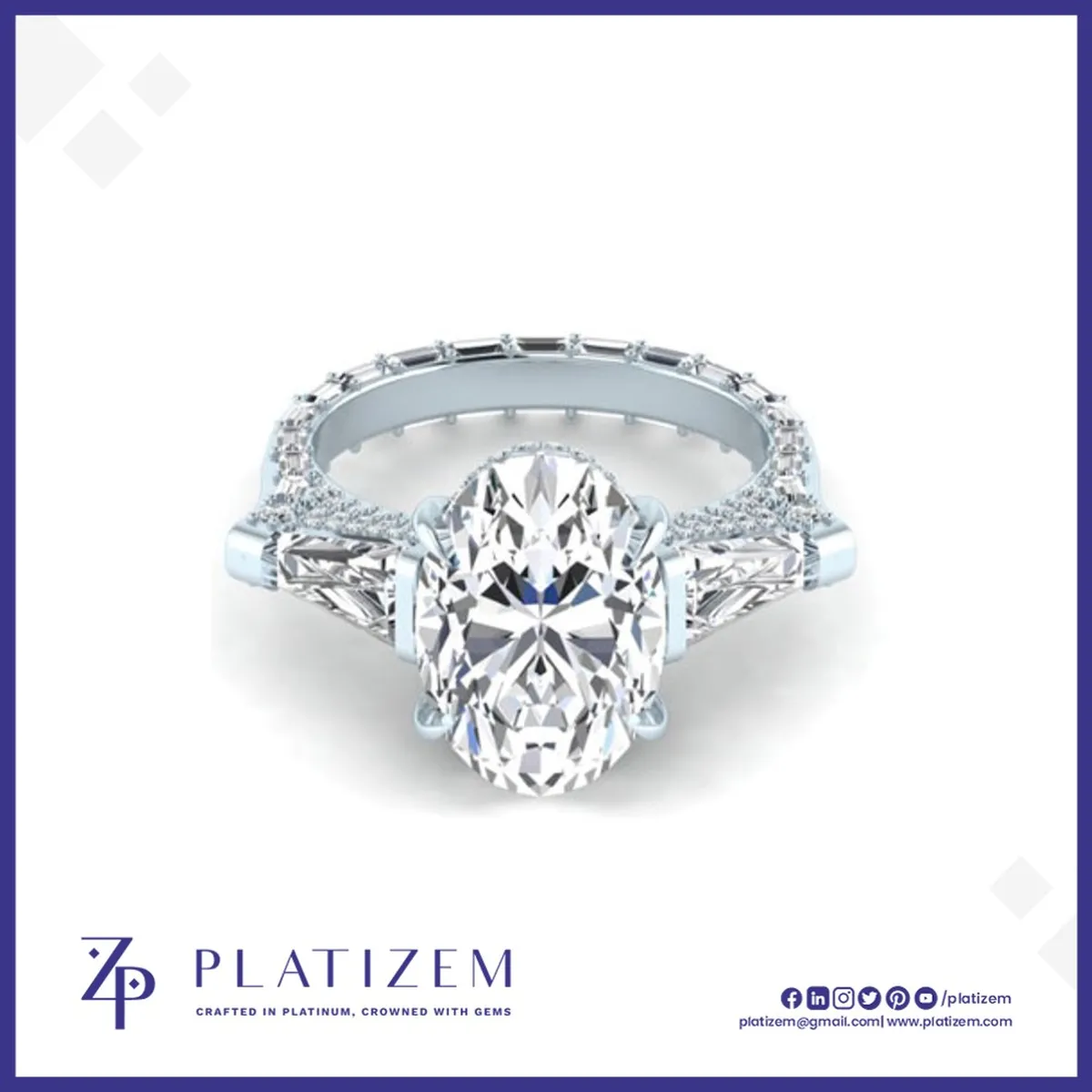 Oval Diamond Ring with Baguette Accents and Pave Band
