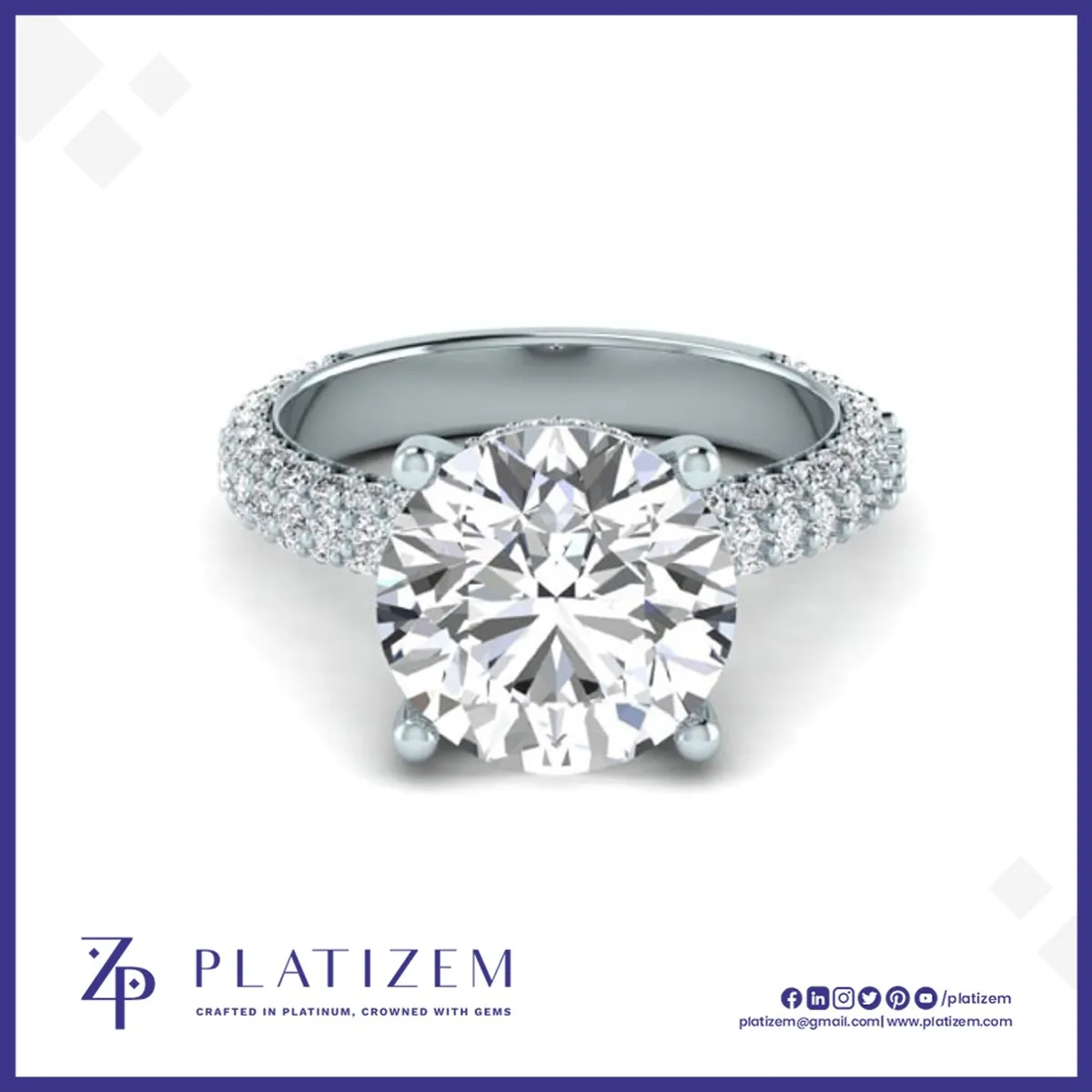 Round Diamond Ring with Triple Row Pave Shoulders