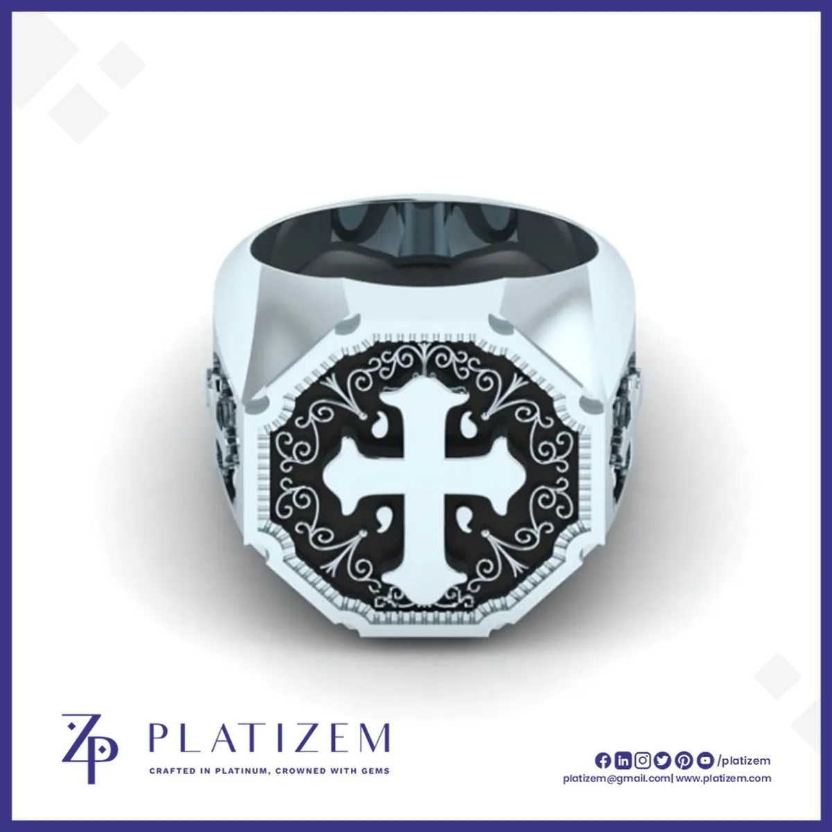 Cross Signet Ring with Filigree Detailing and Black Enamel