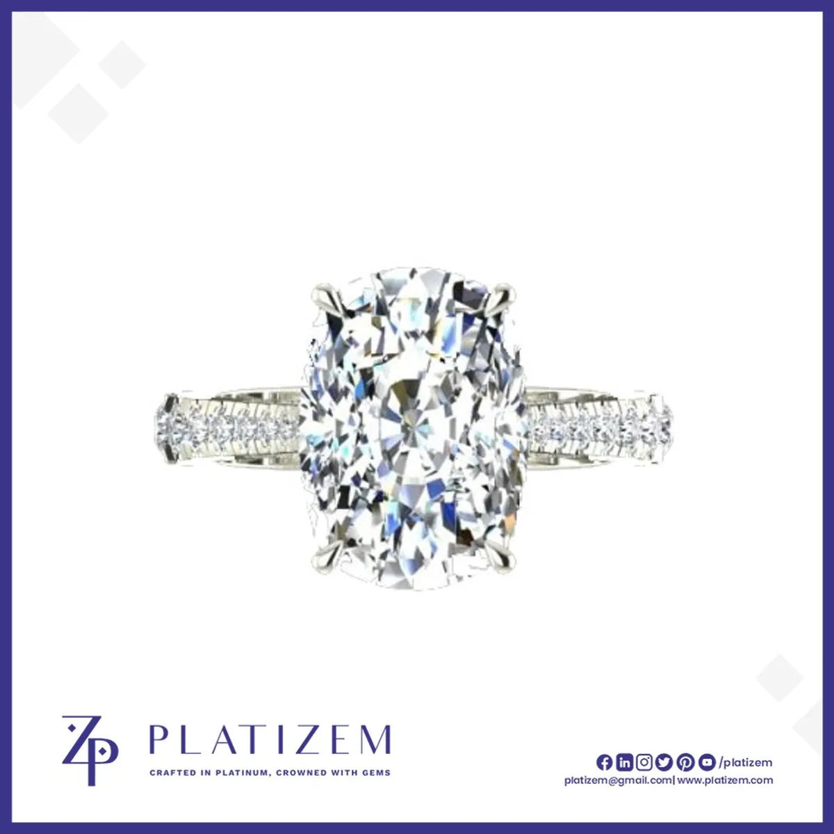 Cushion Cut Diamond Ring with Graduated Pave Shank for Women