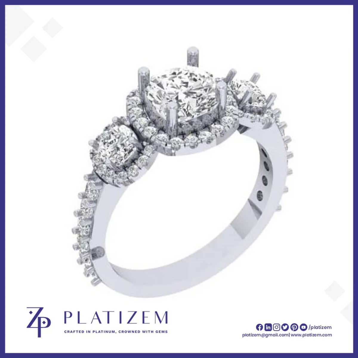 2 Carat Cushion Diamond Three Stone Halo Ring for Women