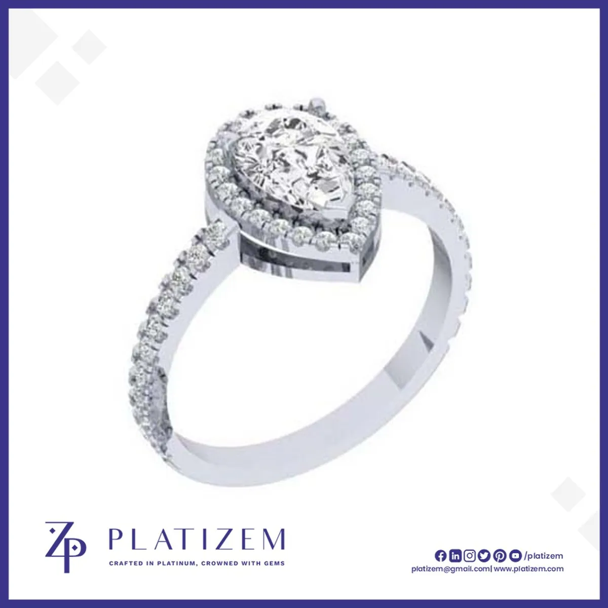 Pear Shaped Diamond Halo Ring with Pave Band for Women