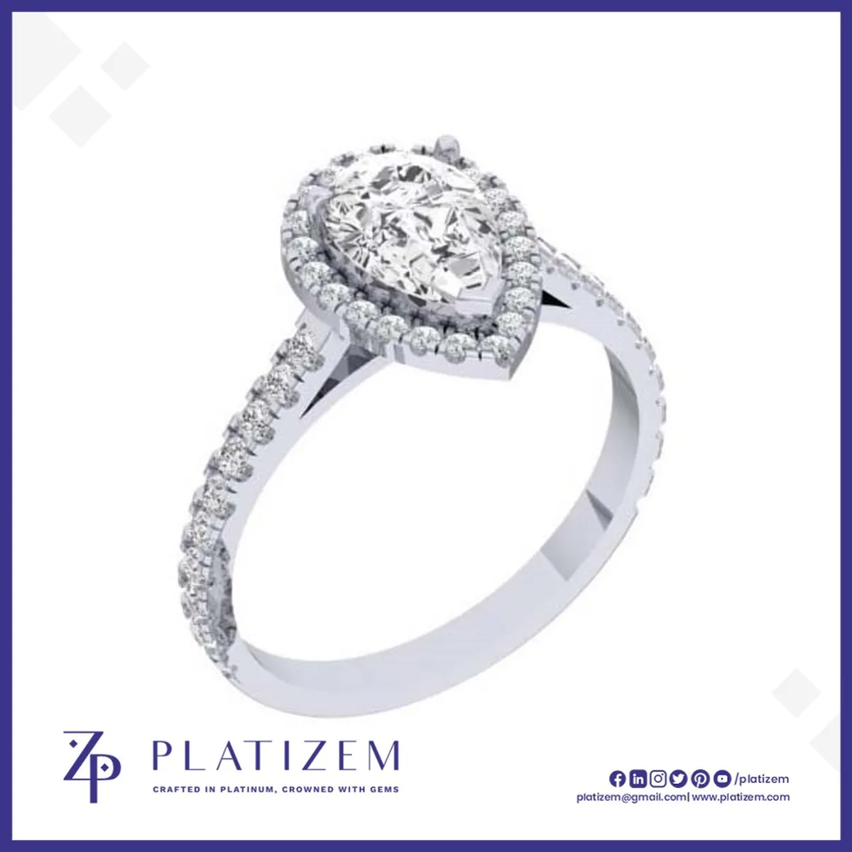 Pear Shaped Halo Engagement Ring with Pave Band