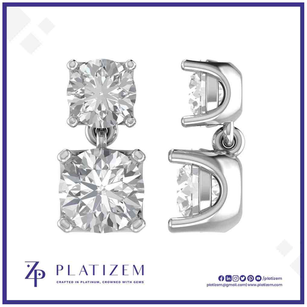 Platinum Round Diamond Drop Earrings with Two Stone Design