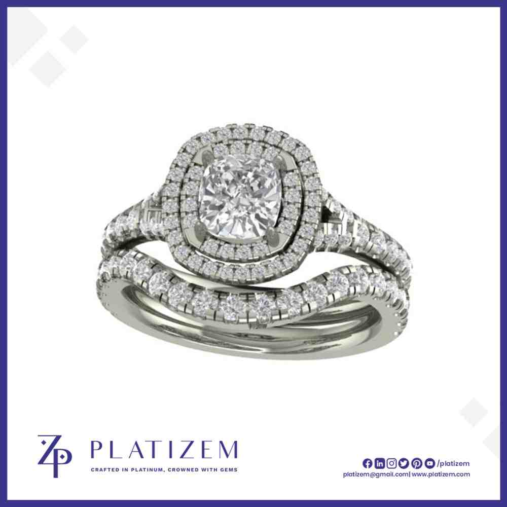Cushion Cut Lab Grown Diamond Double Halo Bridal Ring Set