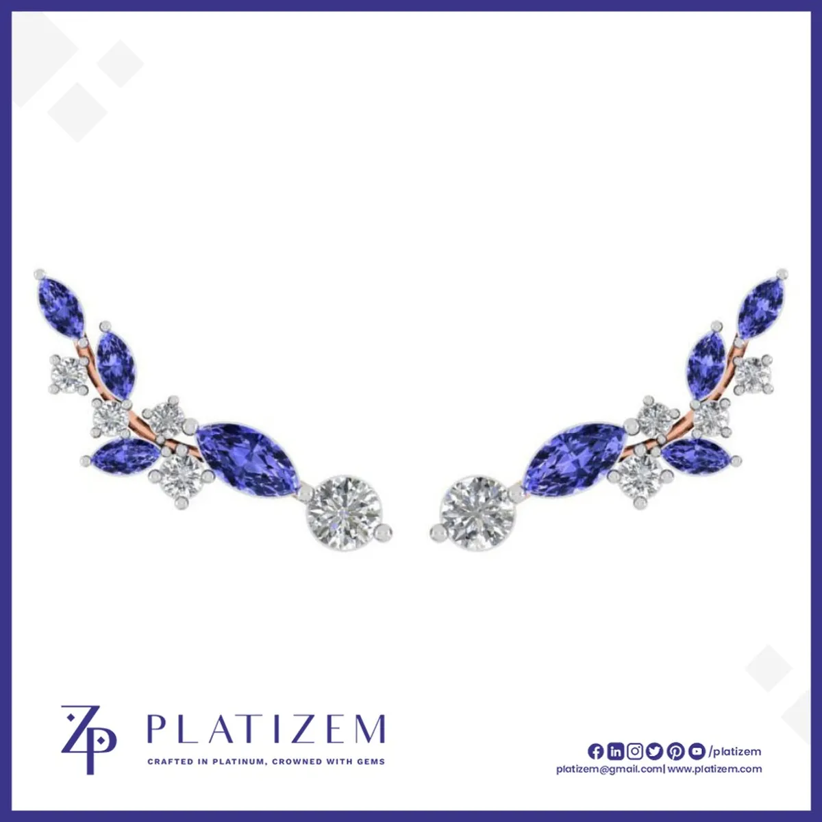 Blue Marquise Diamond Ear Climber Earrings