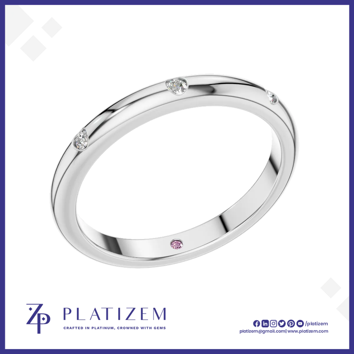 Flush Set Diamond Wedding Band Ring for Women with Pink Stone Accent