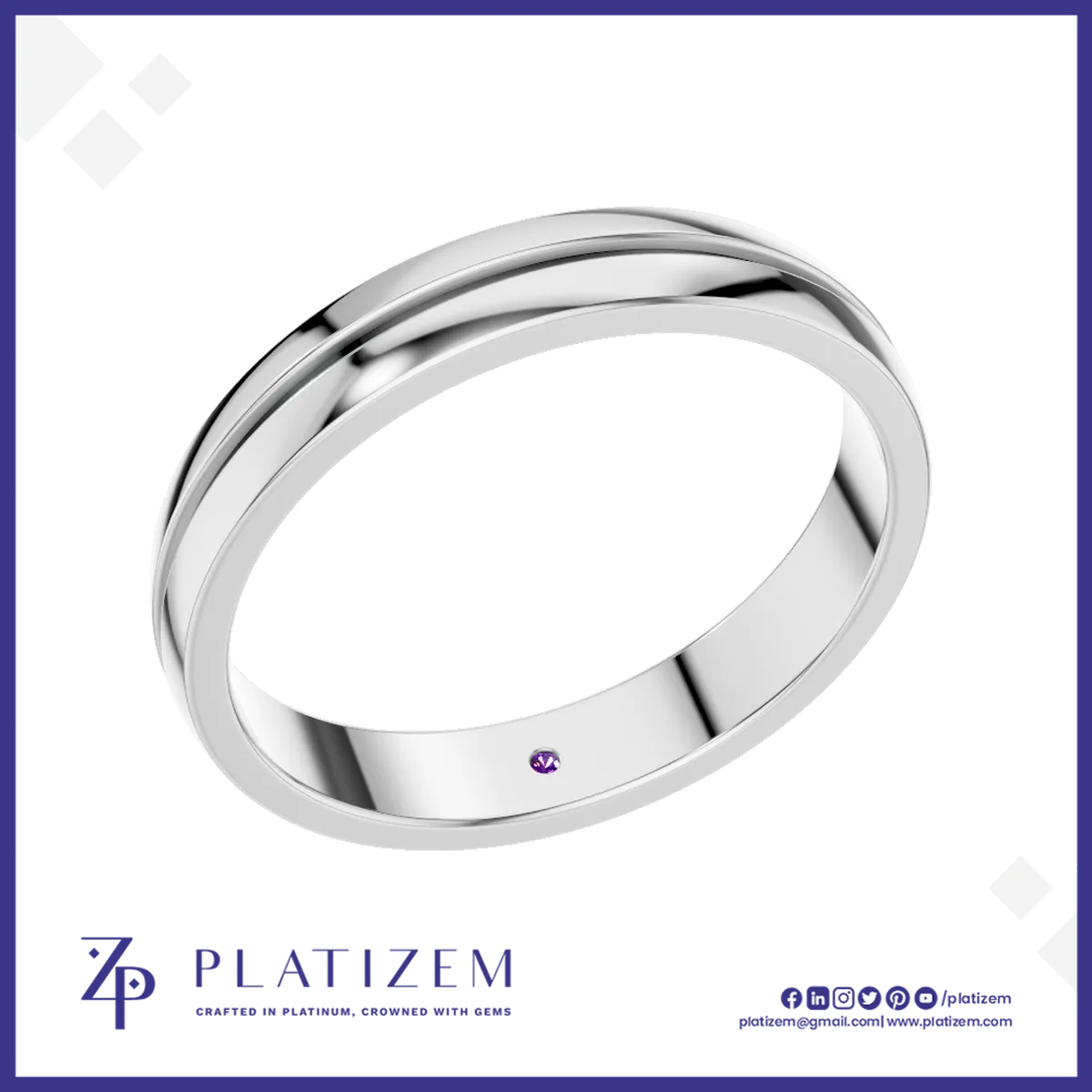 Grooved Wedding Band Ring for Men with Hidden Gemstone Accent
