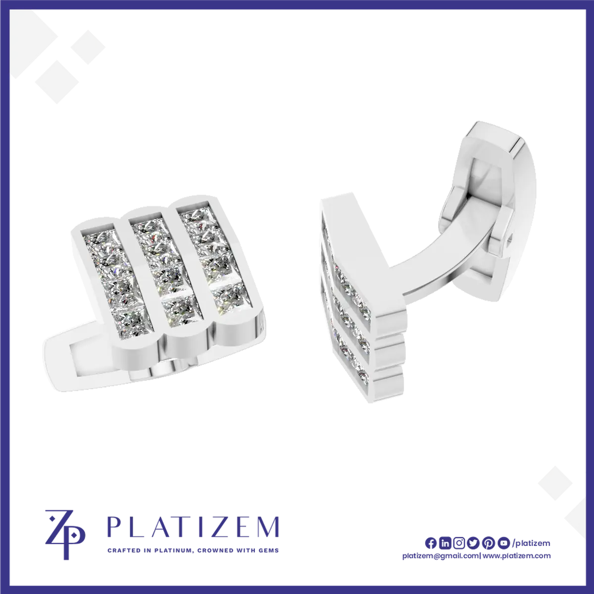 Platinum Axis Cufflink – Triple Row Diamond Set