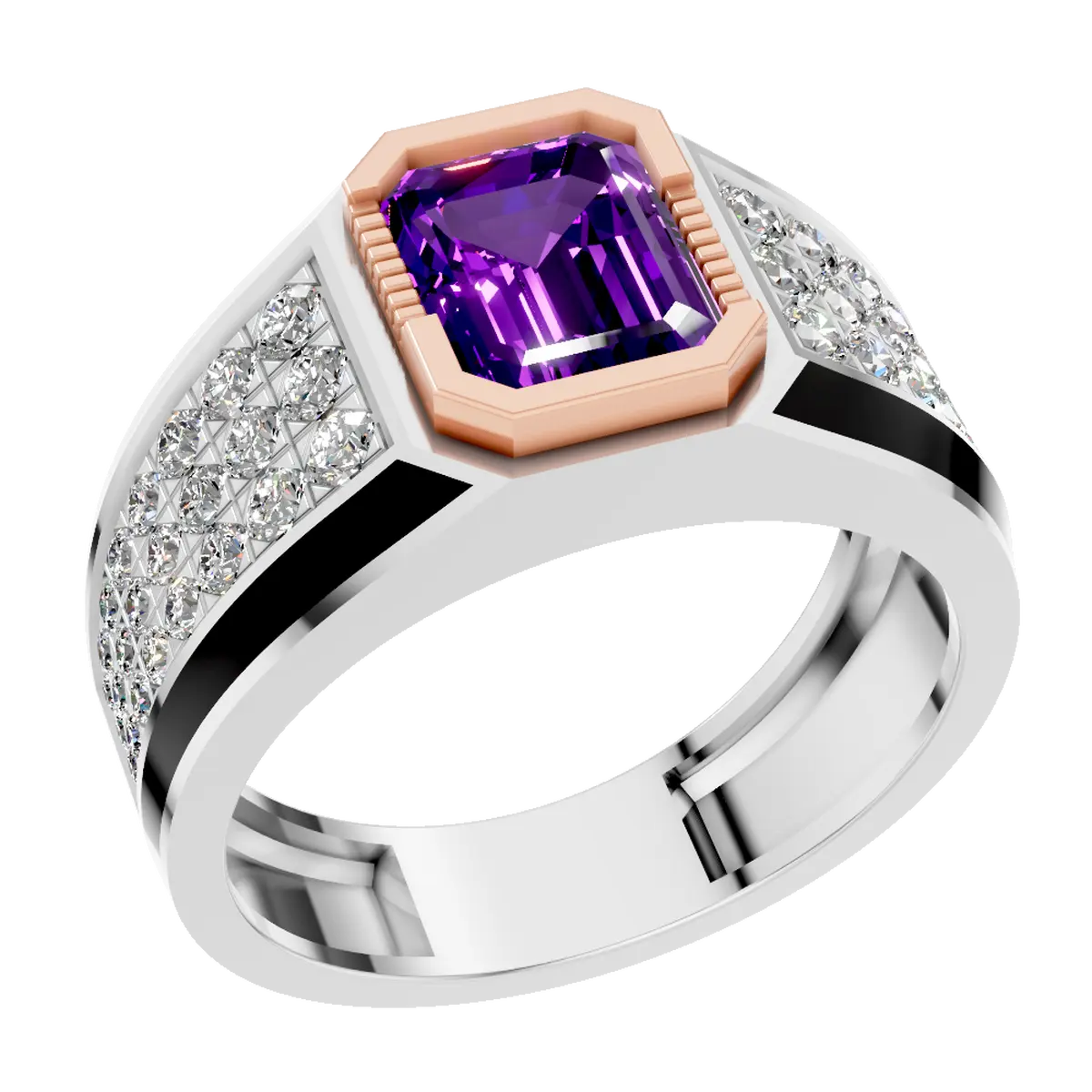 2 Carat Emerald Cut Amethyst Gemstone Diamond Engagement Ring for Men and Women - February Birthstone Jewelry