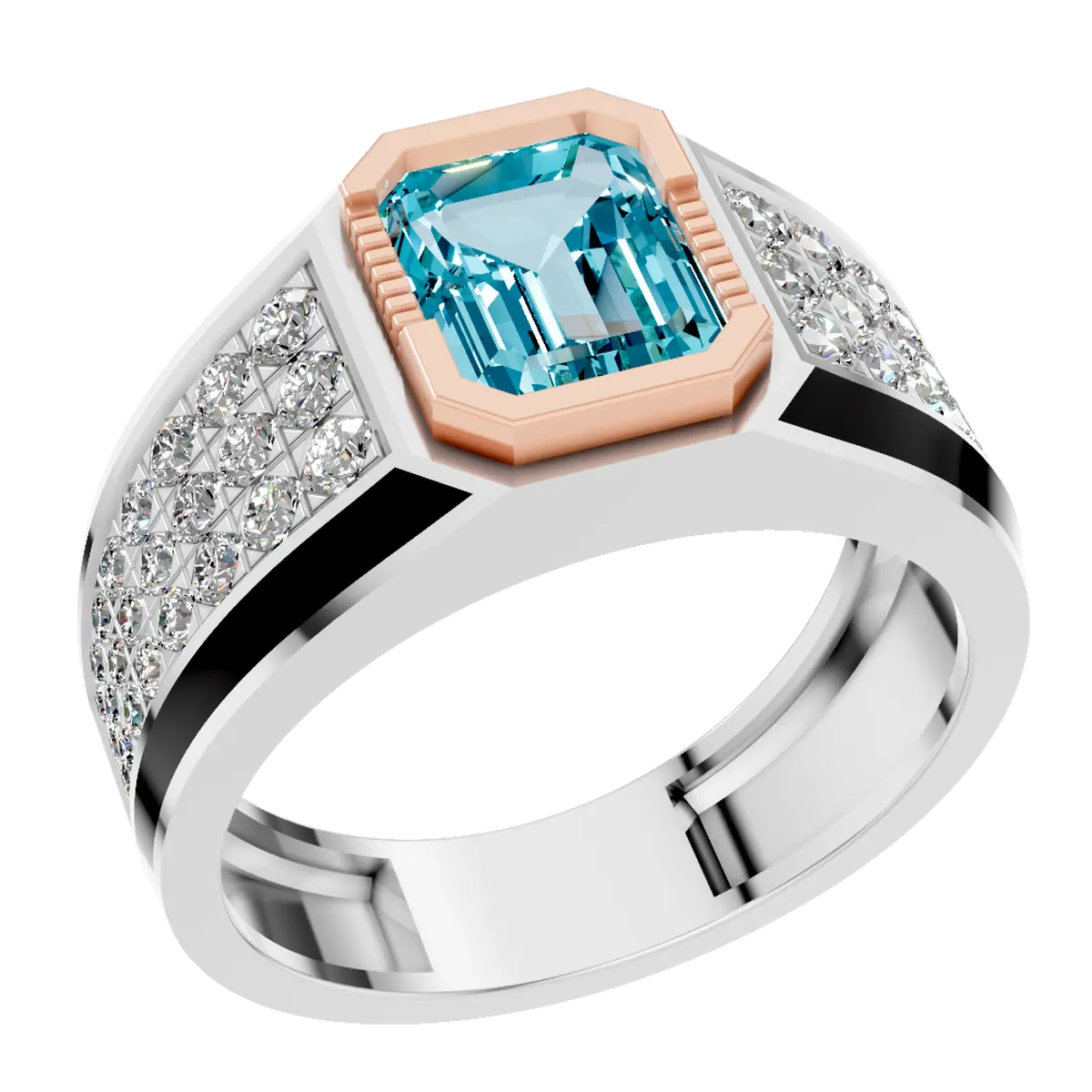 Emerald Cut Aquamarine Gemstone Ring with Lab Grown Diamonds  - March Brithstone Jewelry