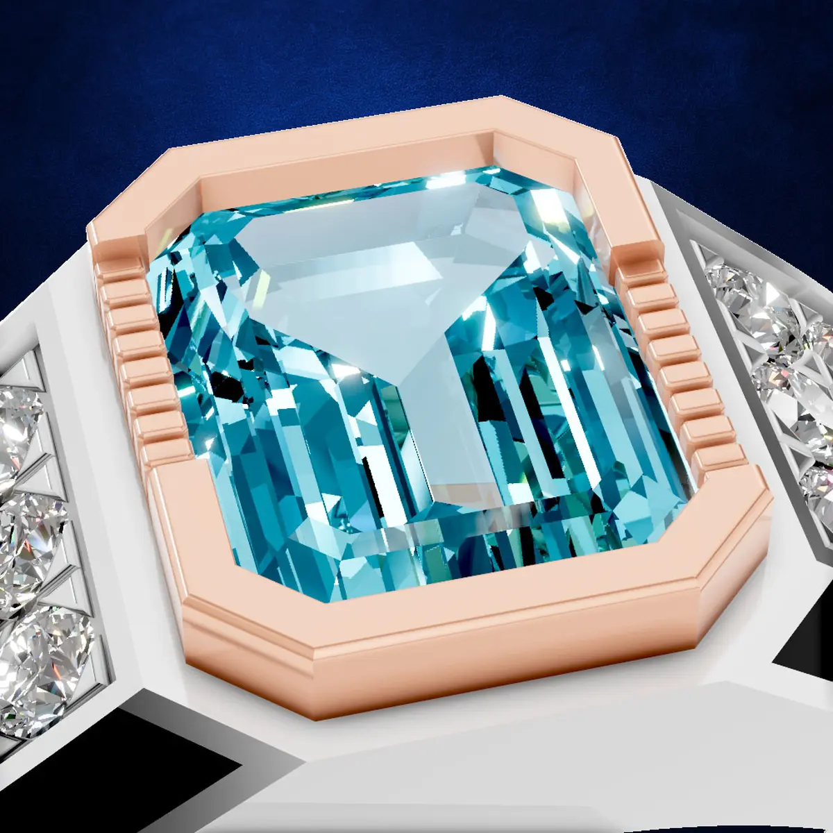Emerald Cut Aquamarine Gemstone Ring with Lab Grown Diamonds  - March Brithstone Jewelry