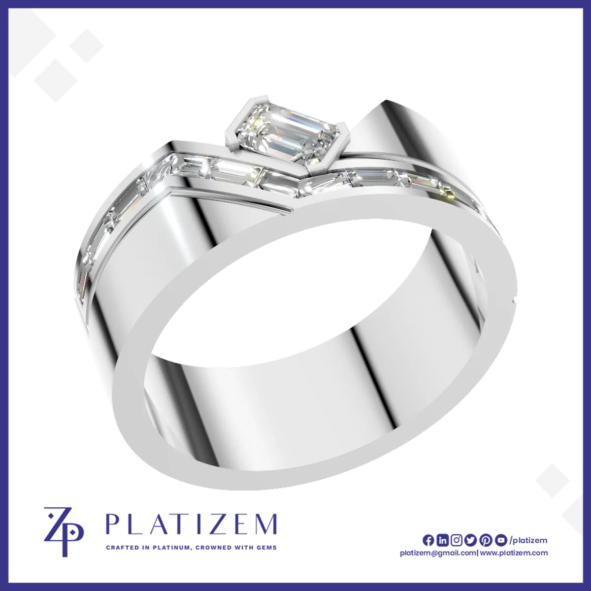 Emerald Cut Baguette Diamond Ring for Men with Chevron Design