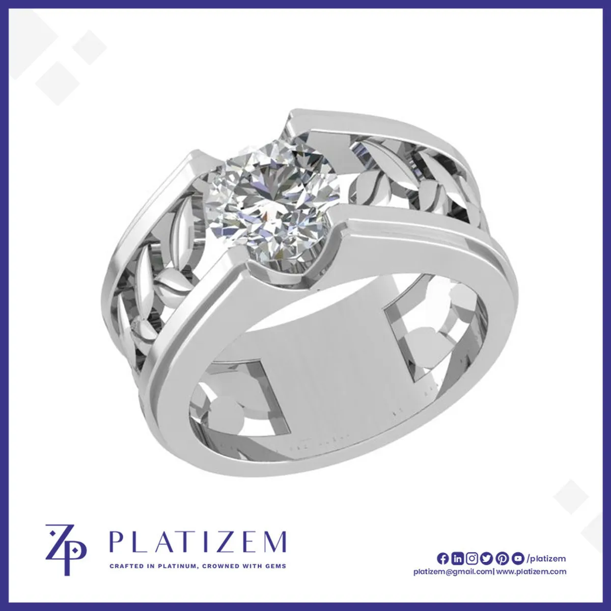 Round Lab Grown Diamond Wide Band Solitaire Ring with Leaf Filigree