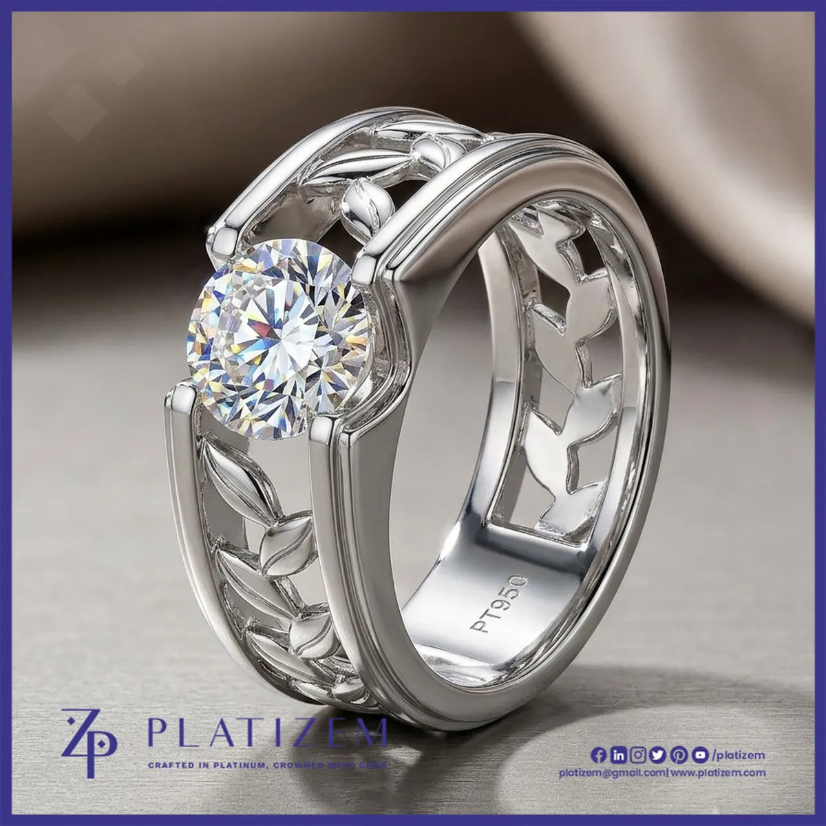 Round Lab Grown Diamond Wide Band Solitaire Ring with Leaf Filigree
