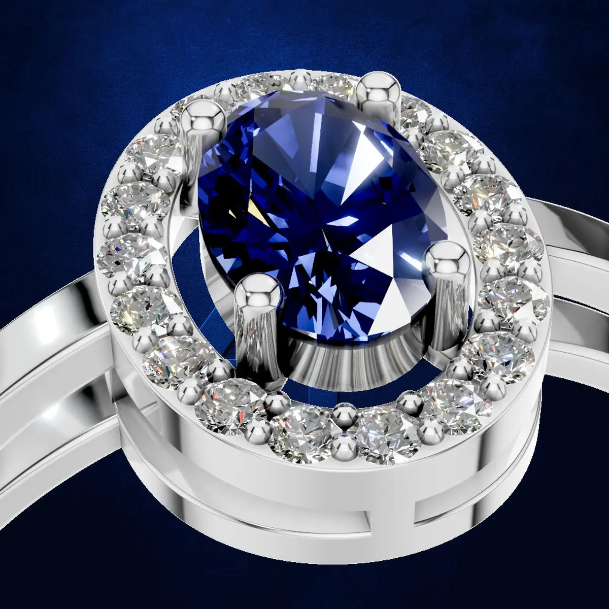 Oval Shape Blue Sapphire Platinum Diamond Engagement Ring 