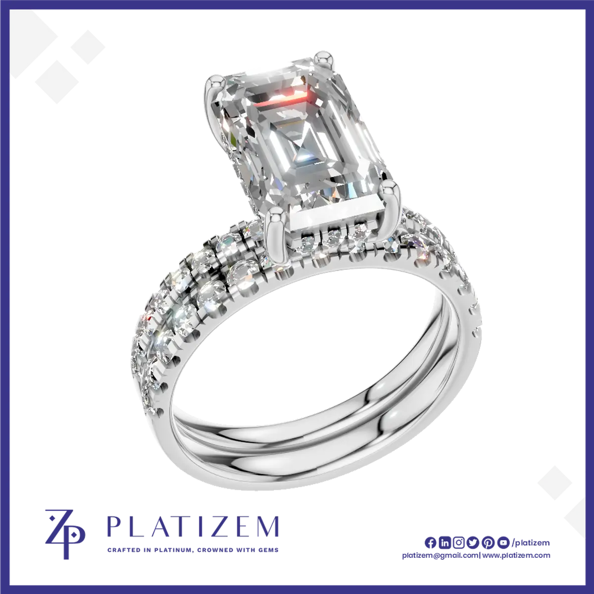 Platinum 950 Emerald Cut Engagement Ring Set