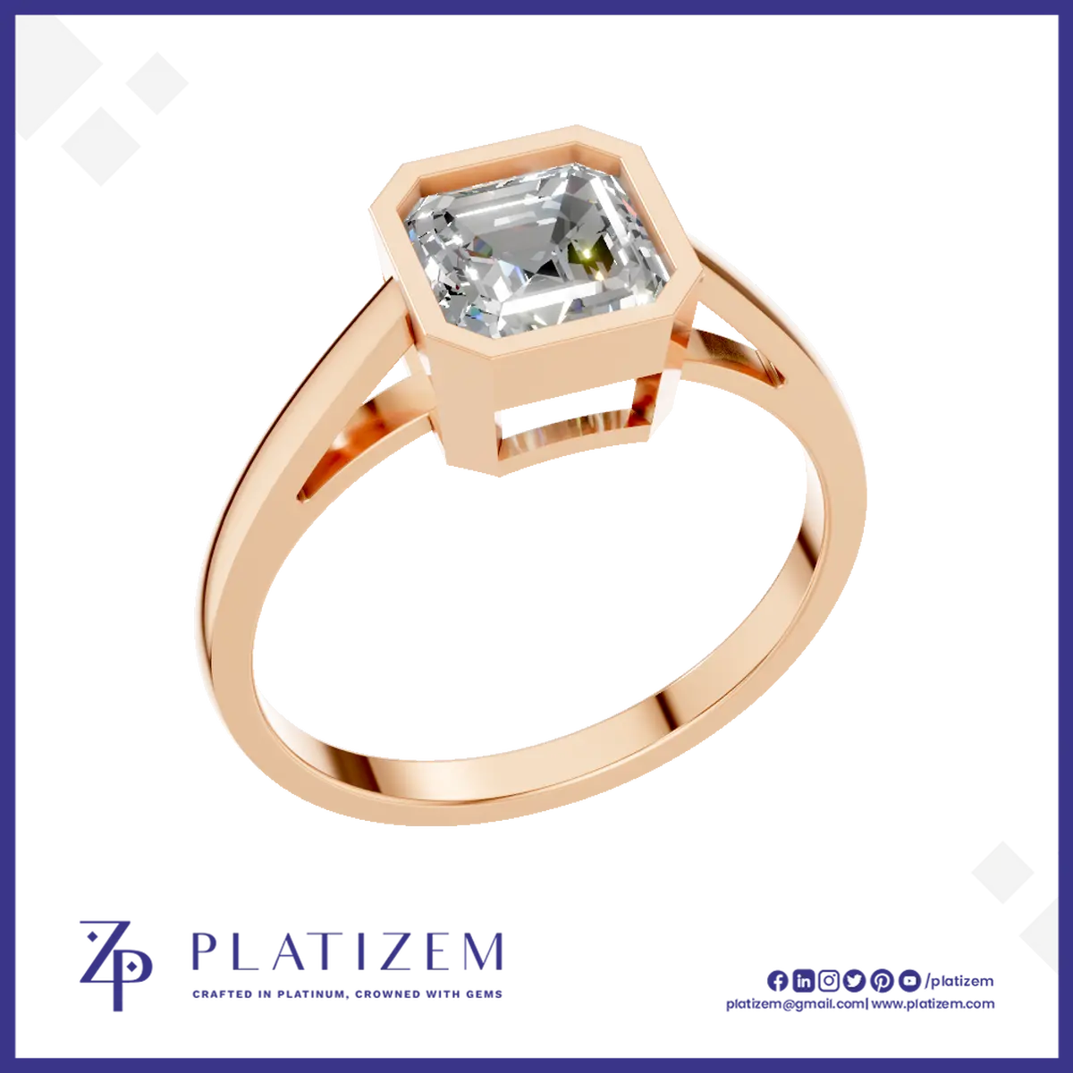 Emerald Cut Bezel Set Engagement Ring Gold, Silver and Platinum Luxury