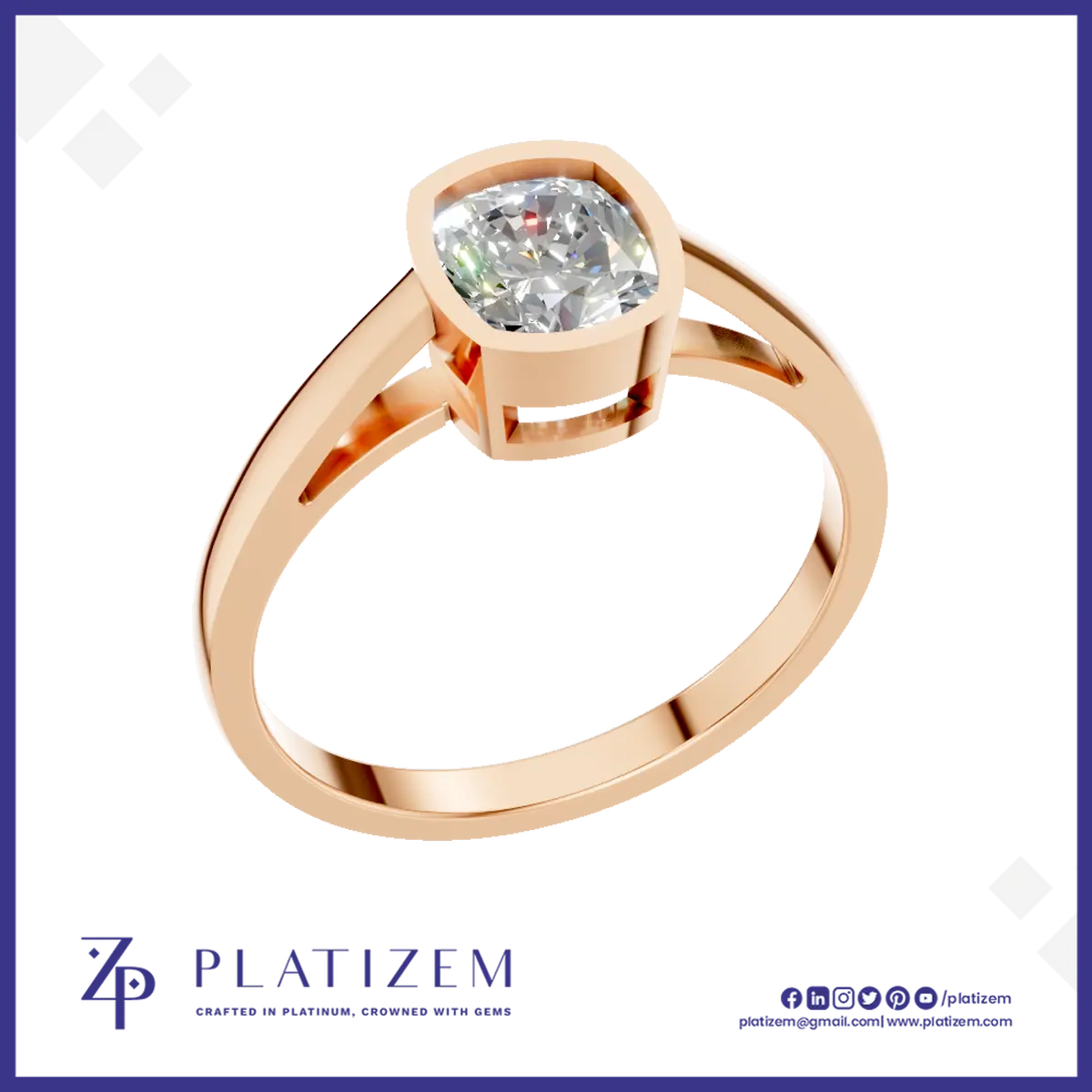 Cushion Cut Bezel Set Engagement Ring Gold, Silver and Platinum Diamond Luxury