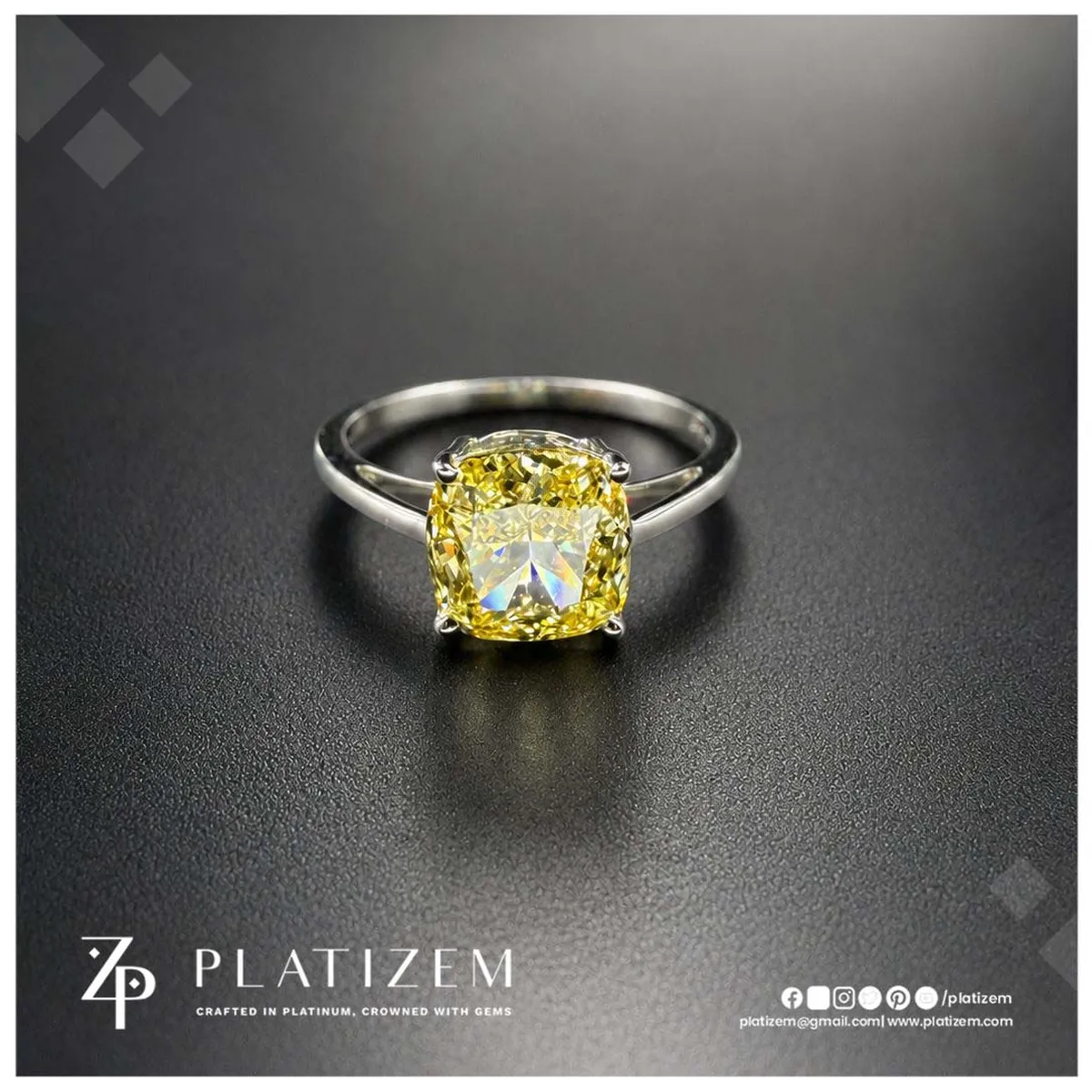 2.5 Carat Fancy Vivid Yellow Cushion Cut Lab Grown Diamond Engagement Ring