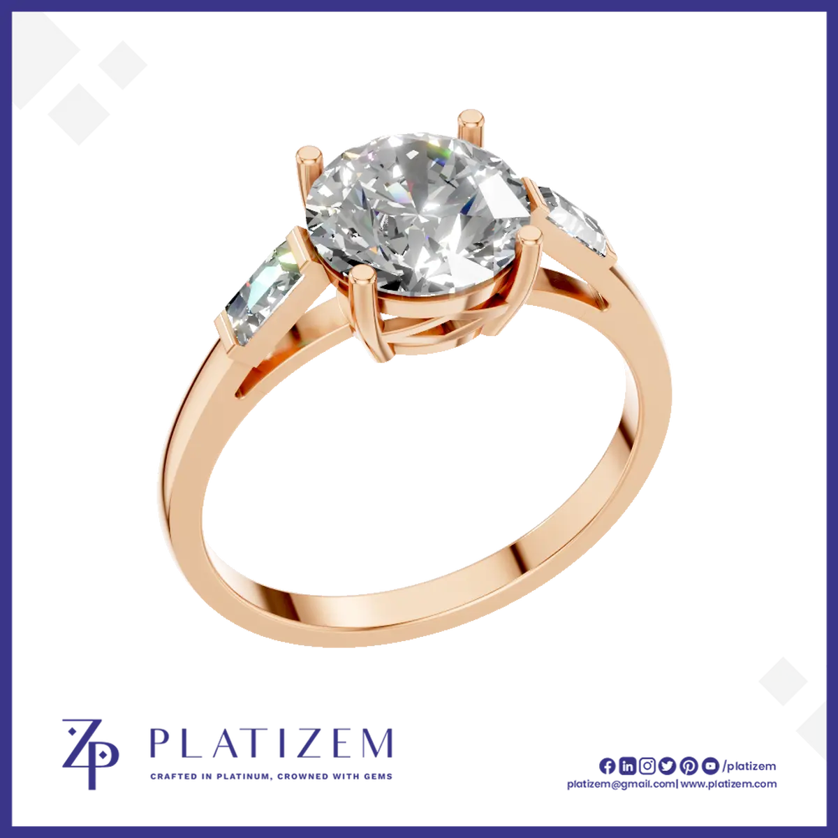 3 Stone Round Laboratory Grown Diamond Engagement Ring Baguette Side Stones 18K Gold Luxury Wedding Jewelry
