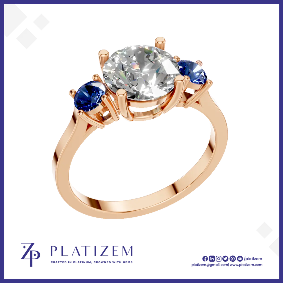 Laboratory Grown Diamond Sapphire Three Stone Engagement Ring Platinum Luxury Ring