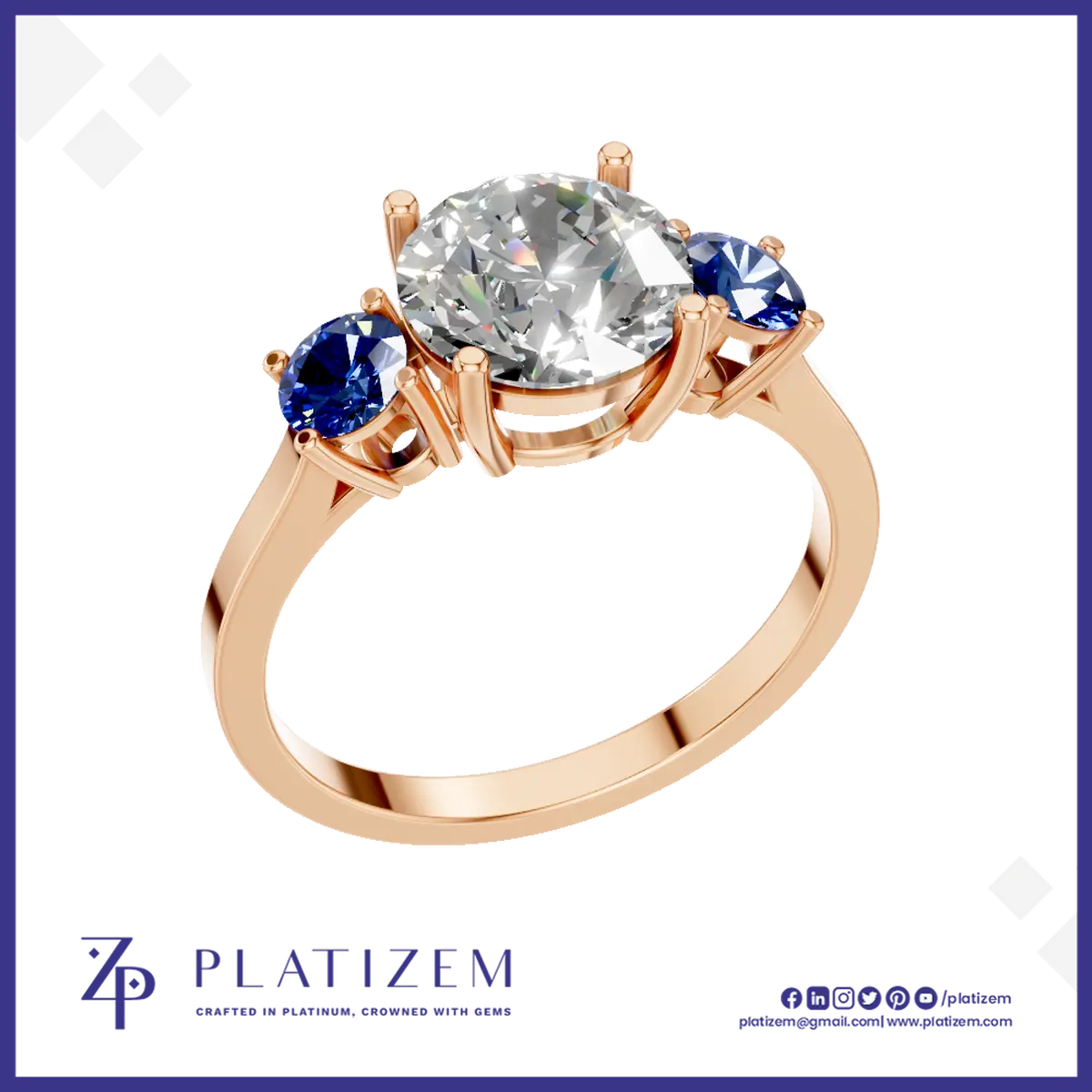 Blue Sapphire and Laboratory Grown Diamond Three Stone Ring Gold Luxury Engagement Wedding Jewelry Style