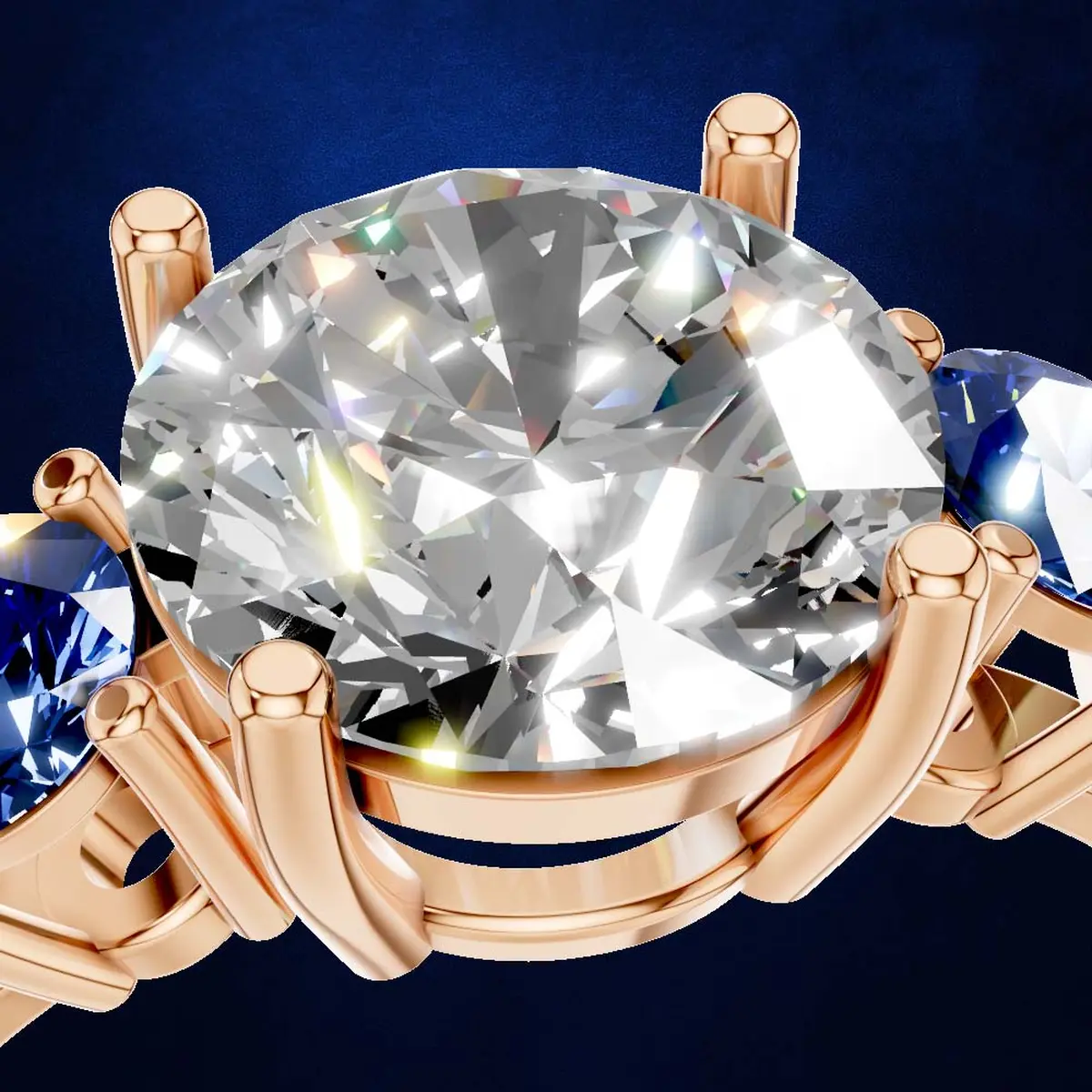 Blue Sapphire and Laboratory Grown Diamond Three Stone Ring Gold Luxury Engagement Wedding Jewelry Style