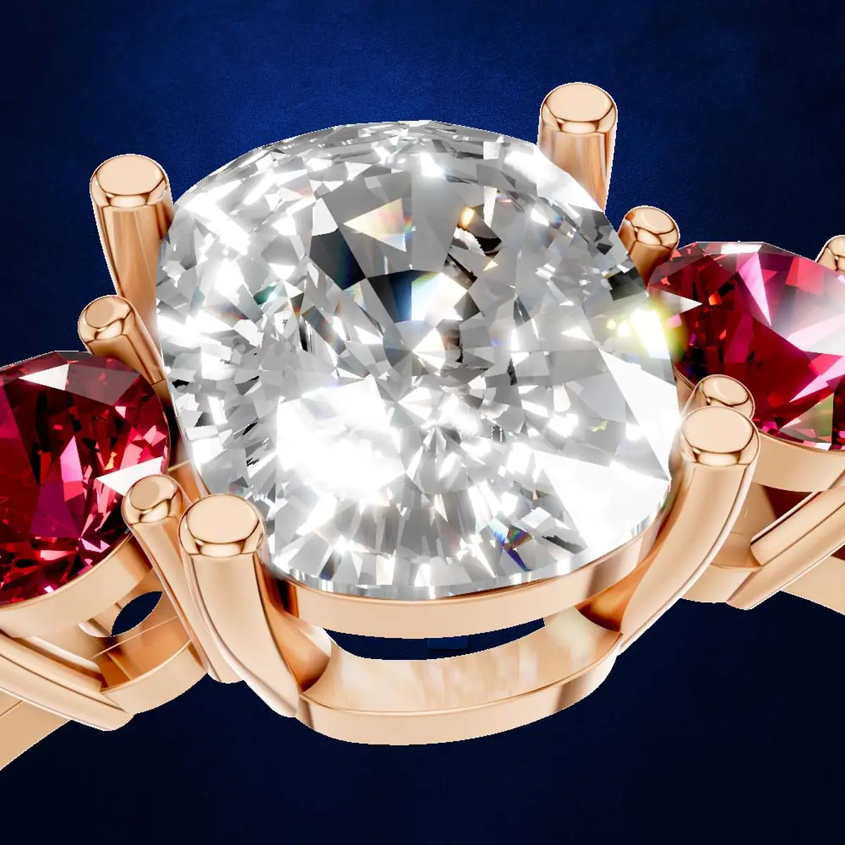 Ruby and Laboratory Created Diamond Three Stone Engagement Ring 18K Gold Luxury Ring