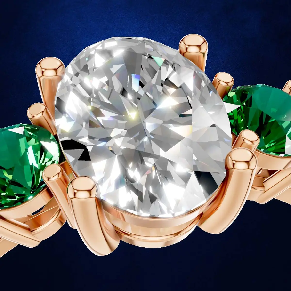 Emerald and Diamond Three Stone Engagement Ring 18K Gold Luxury Ring