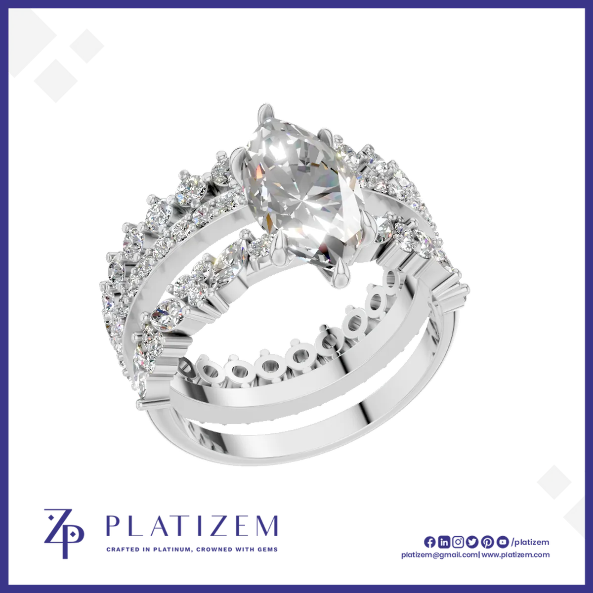 Vintage Inspired Marquise Cut Lab Diamond Bridal Ring Set