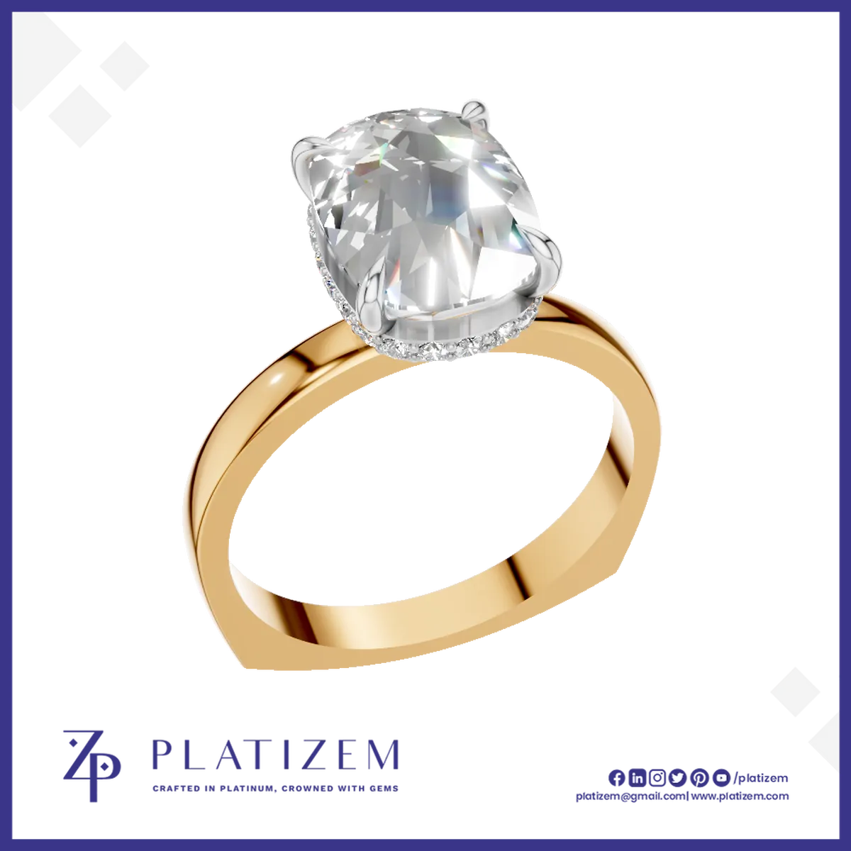 5 Carat Oval Cut Lab Grown Diamond Solitaire Engagement Ring with Hidden Halo