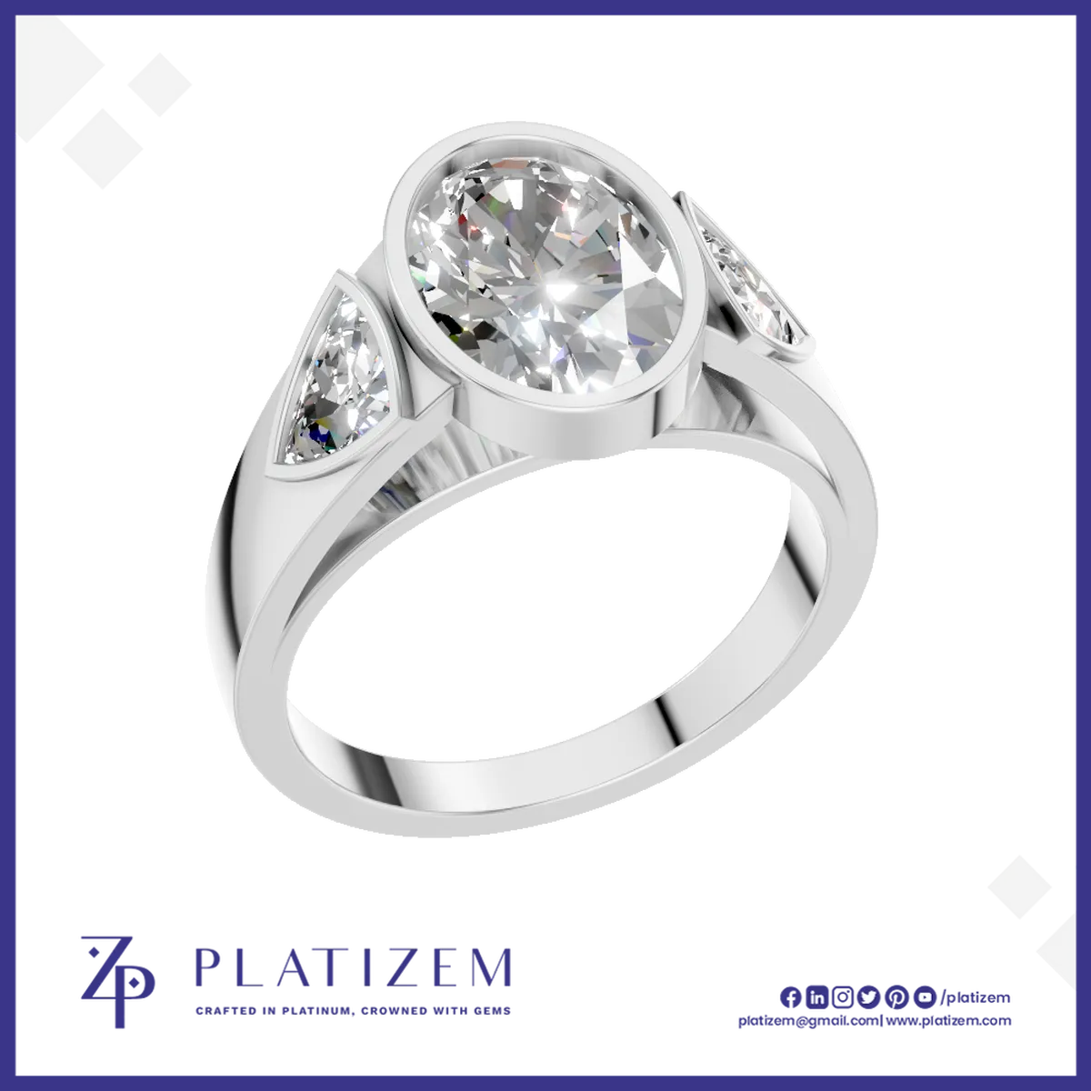 Oval Cut Bezel Setting Three Stone Lab Grown Diamond Engagement Ring 