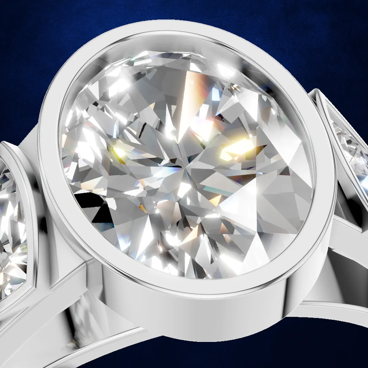 Oval Cut Bezel Setting Three Stone Lab Grown Diamond Engagement Ring 