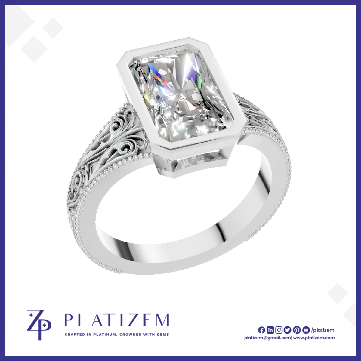 Radiant Diamond Bezel Ring for Women with Vintage Filigree Detailing
