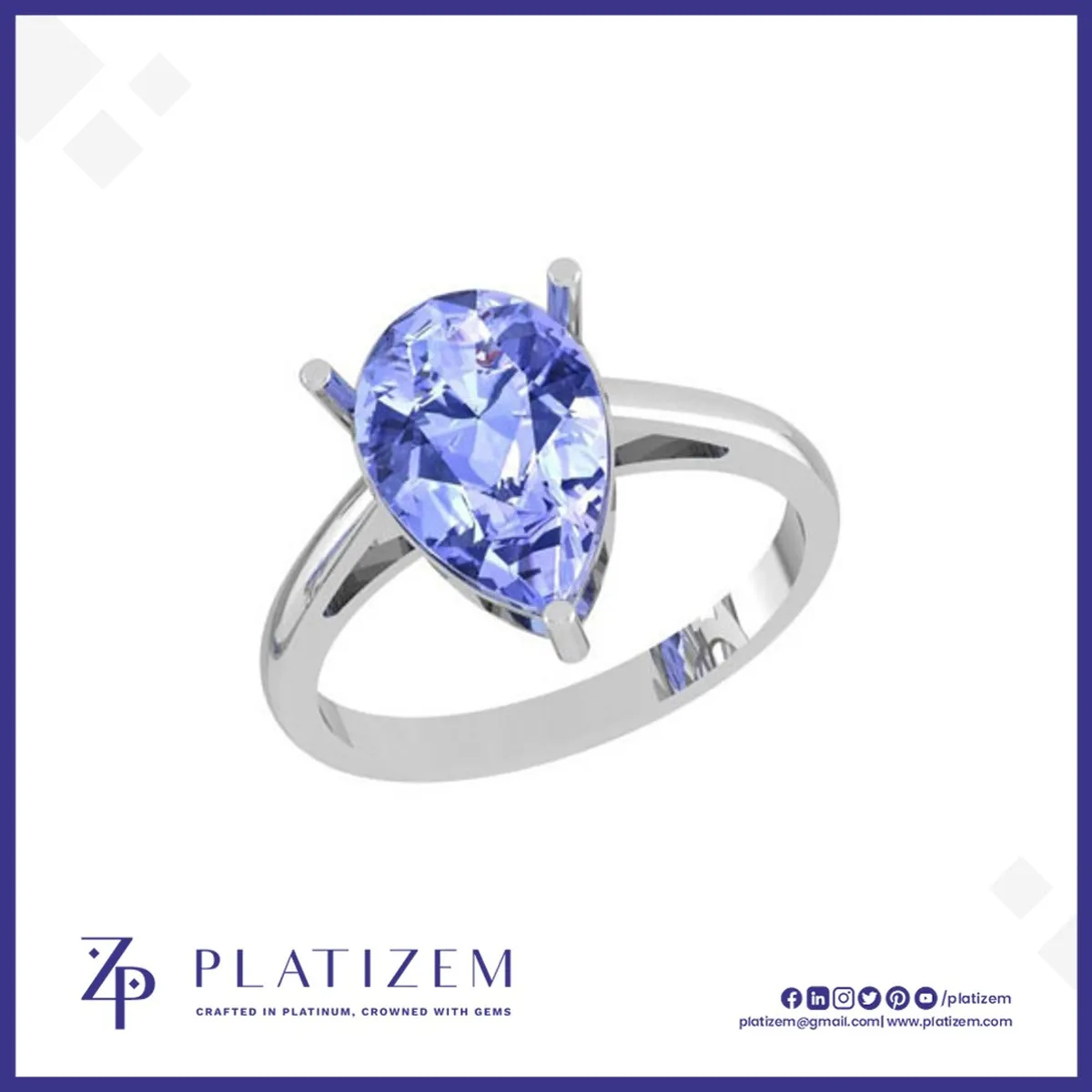 Pear Cut Blue Gemstone Solitaire Ring with Three Prong Claw Setting