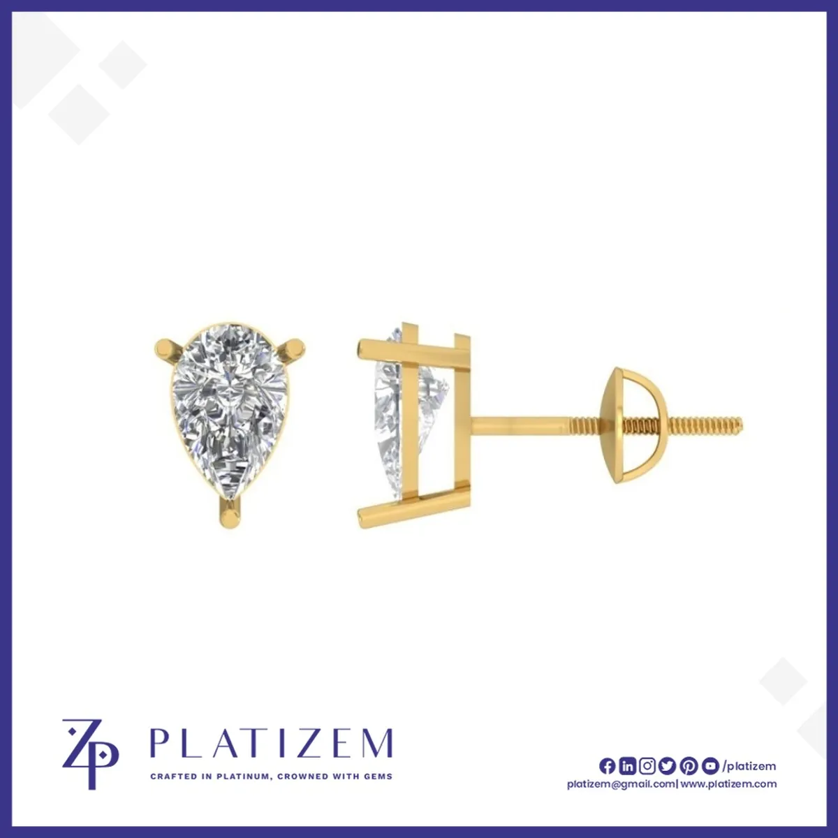 Pear Shape Diamond Stud Earrings Set on Three Prongs