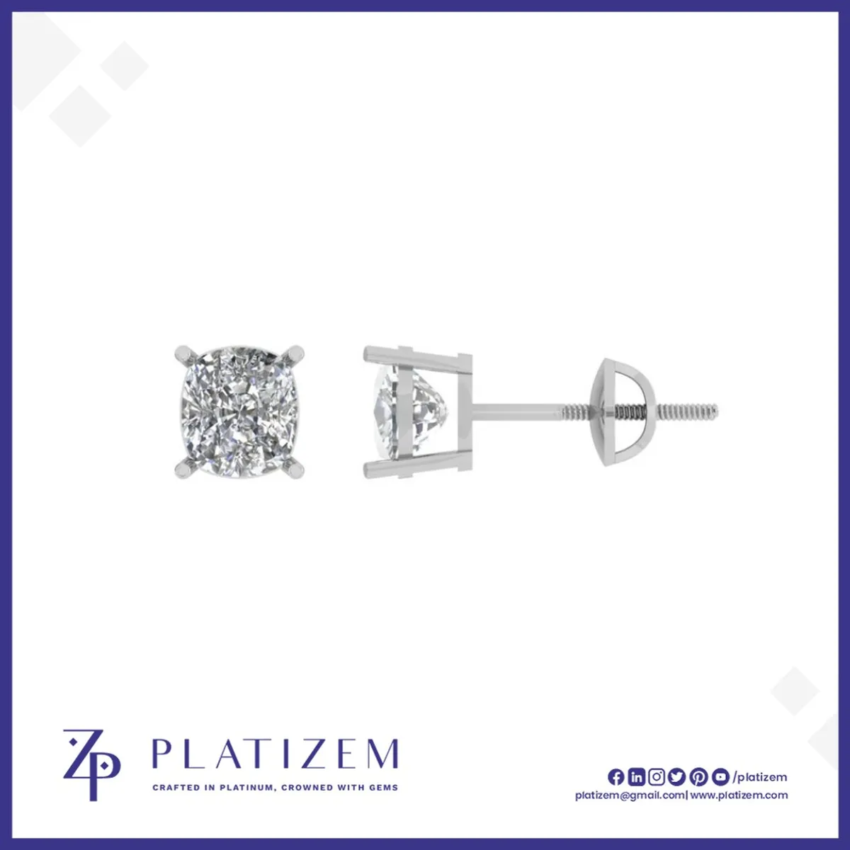 Two Carat Cushion Cut Lab Diamond Gold Studs for Women